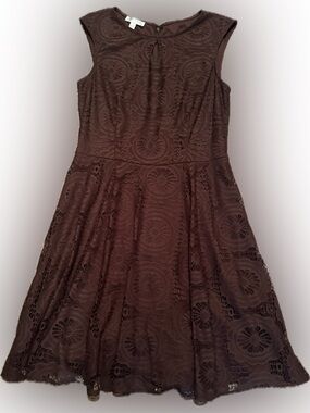 London Times Sz 12 Chocolate Brown Lace Fit-and-Flare Midi Dress w/ keyhole